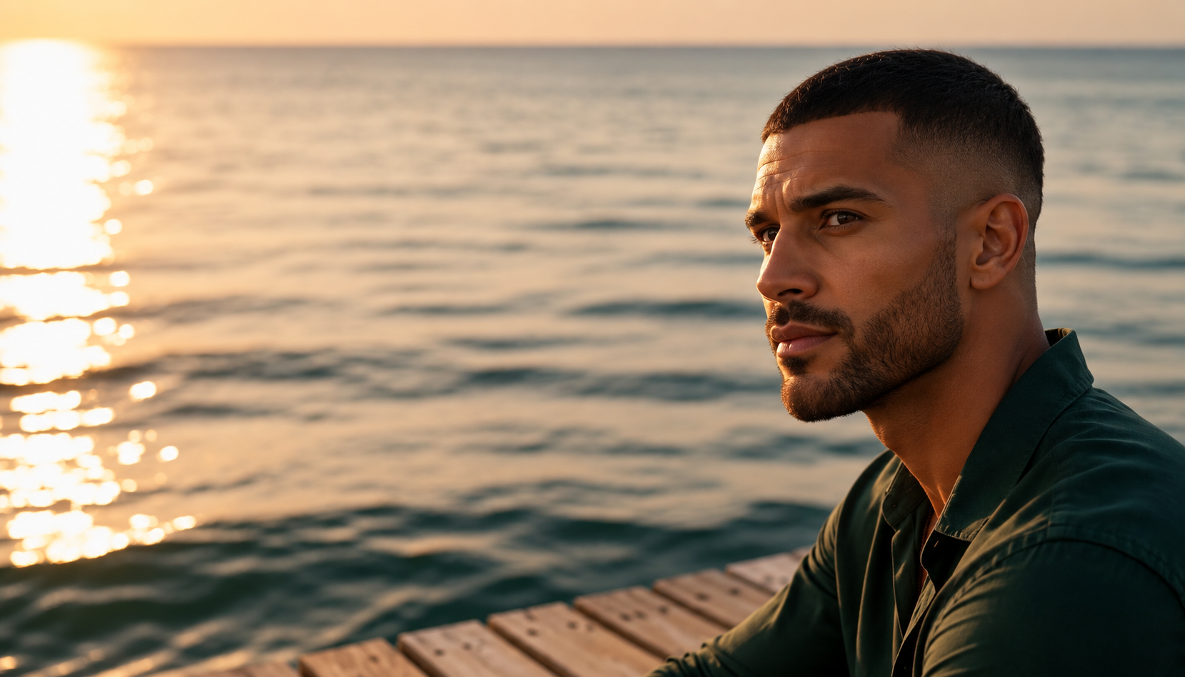 Scene illustration: a man in a dark green shirt seated on a wooden dock beside the sea at sunset.