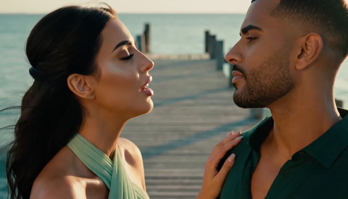 AI scene concept: close two-shot of the woman resting a hand on the man’s shoulder as they sing to each other at golden hour.
