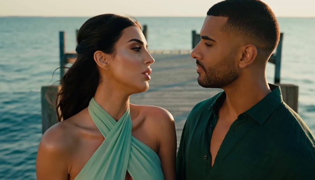 AI scene concept: the same two people in profile, face to face on a wooden pier, sea and low sun behind them.