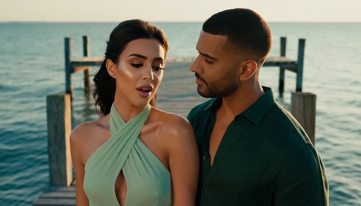 AI scene concept: a woman in a pale mint halter top singing toward a man in a dark green shirt, both standing close together on a wooden pier at golden hour.
